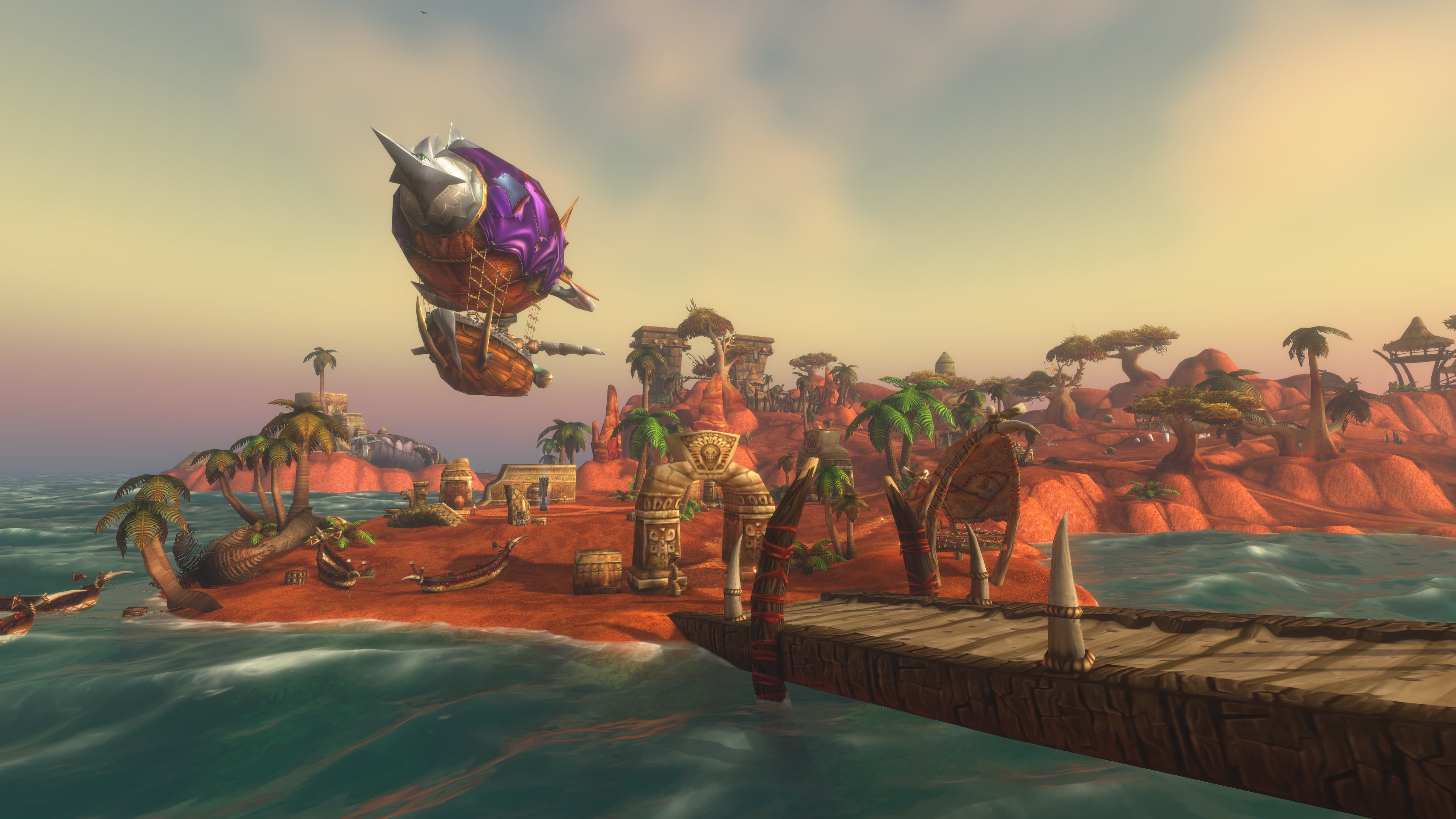 A red troll island with carved gates, bone tusks, and a spiked zeppelin over the water.